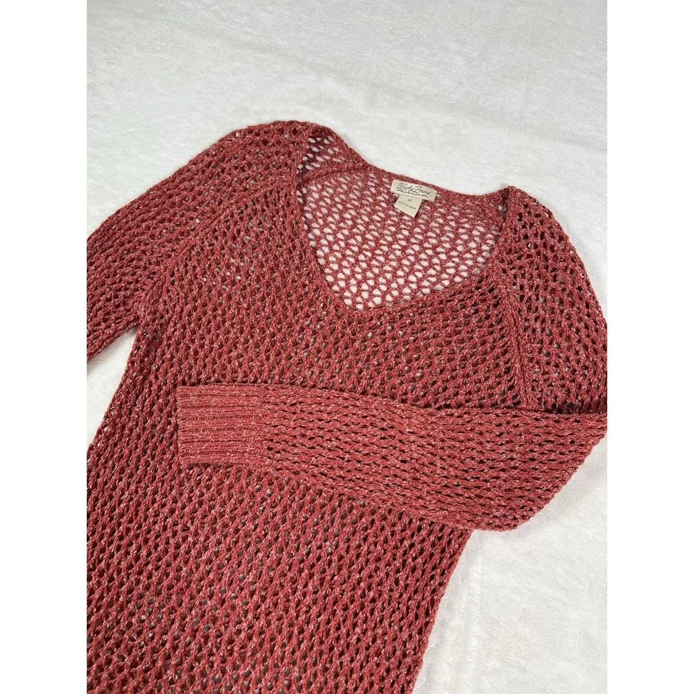 Lucky Brand Womens M Rust Terracotta Open Knit‎ Crochet V-Neck Sweater Pullover